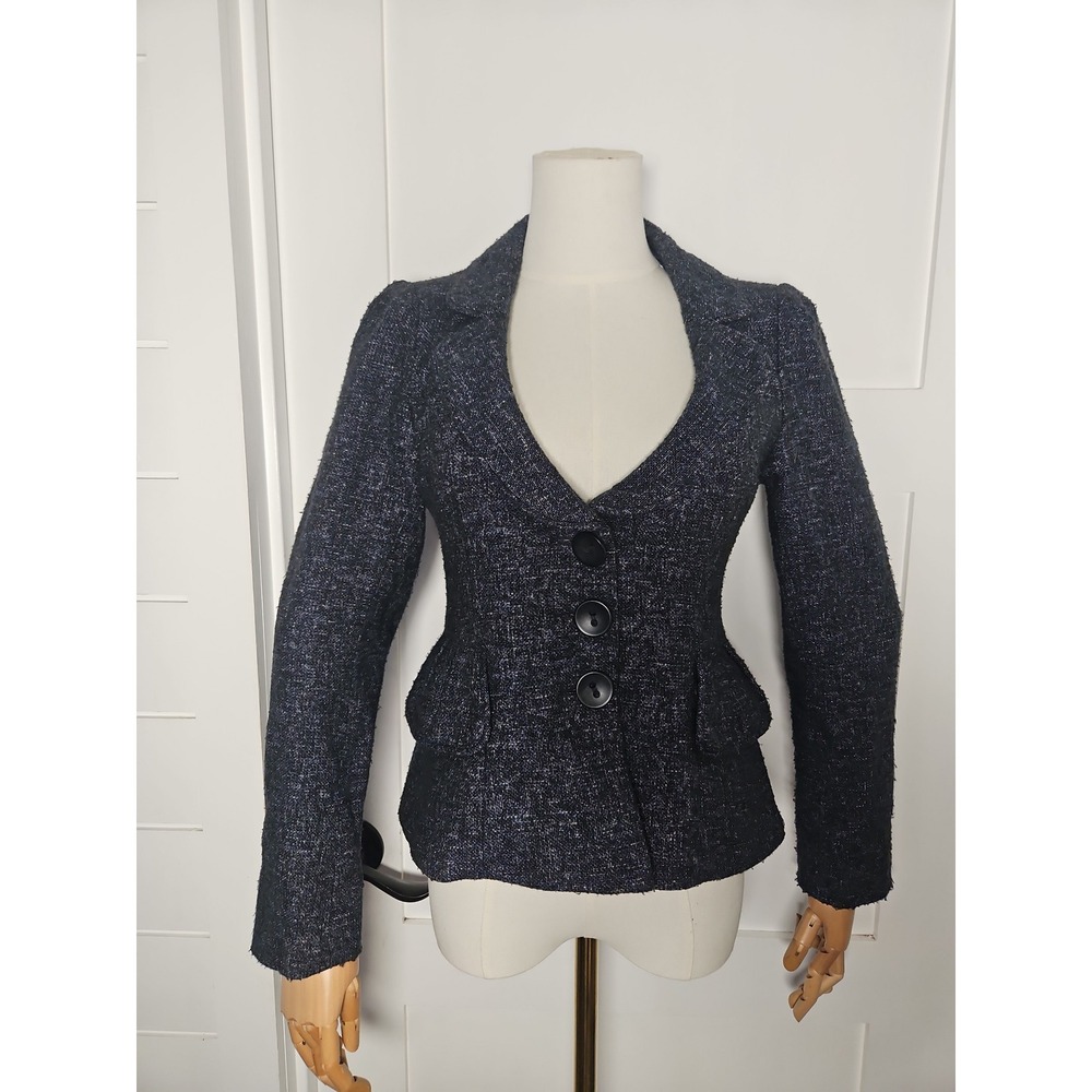 VTG Nanette Lepore Wool Blend Tweed Peplum Blazer Jacket Charcoal Navy Size 2